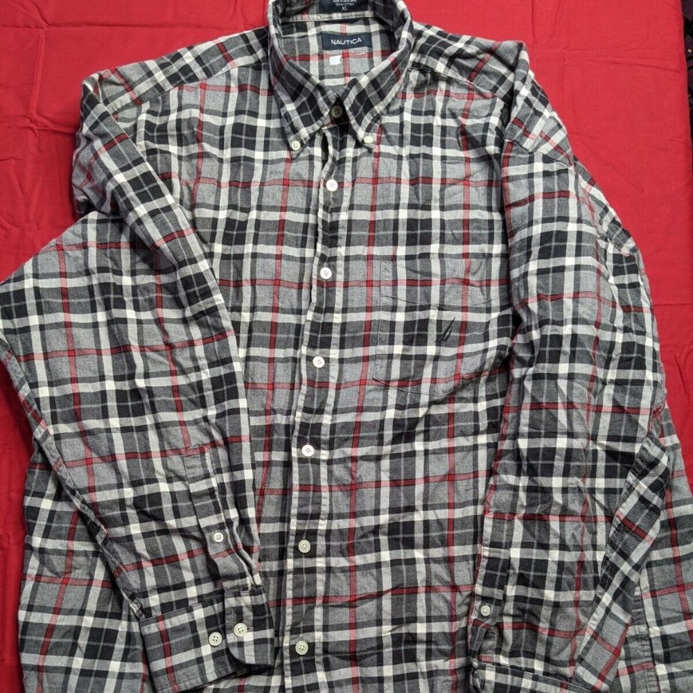 Nautica Gray Plaid Button Up Shirt Love Sleeve XL